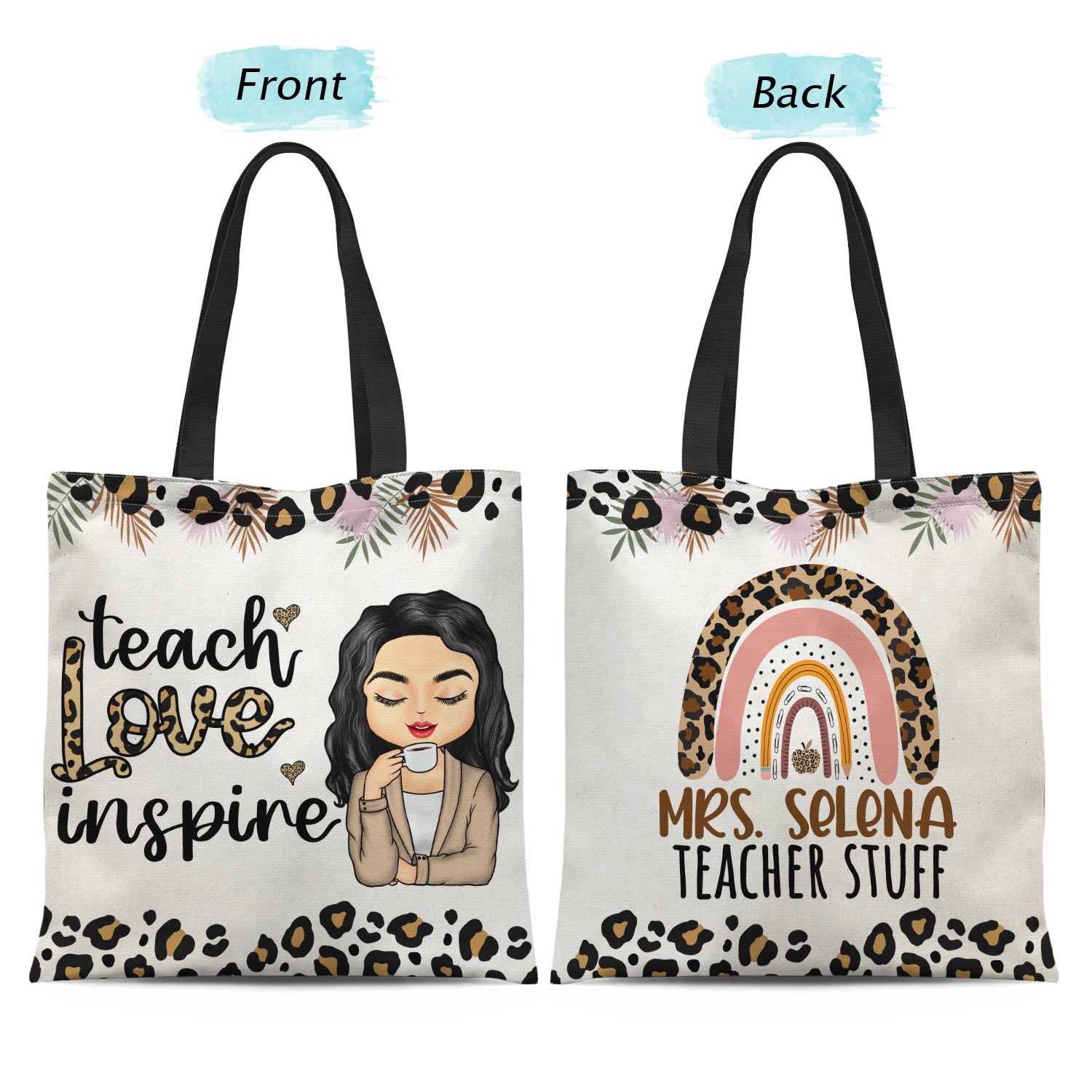 Teach Love Inspire Leopard Pattern - Gift For Teachers - Personalized Custom Zippered Canvas Bag