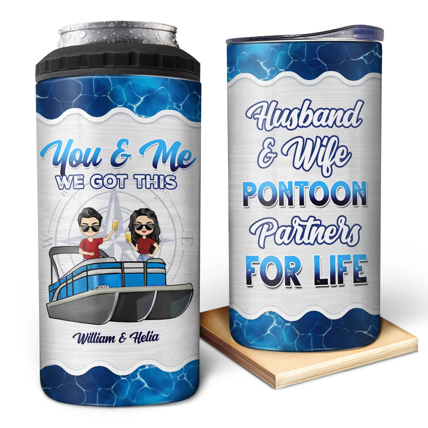 Boating Husband & Wife Pontoon Partners For Life - Traveling, Cruising Gift For Couples, Pontooning Lovers, Lake Lovers, Travelers - Personalized Custom 4 In 1 Can Cooler Tumbler