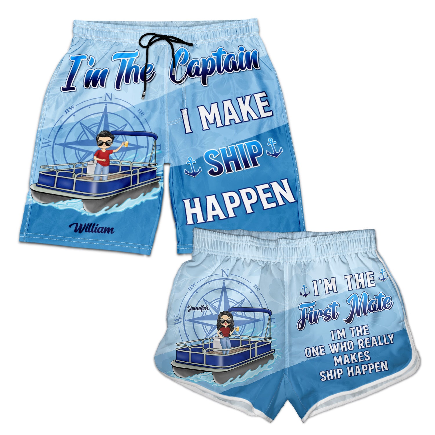Pontoon Couple I'm The Captain I'm The First Mate - Gift For Husband, Wife, Pontooning Lovers, Lake Lovers, Travelers - Personalized Couple Beach Shorts