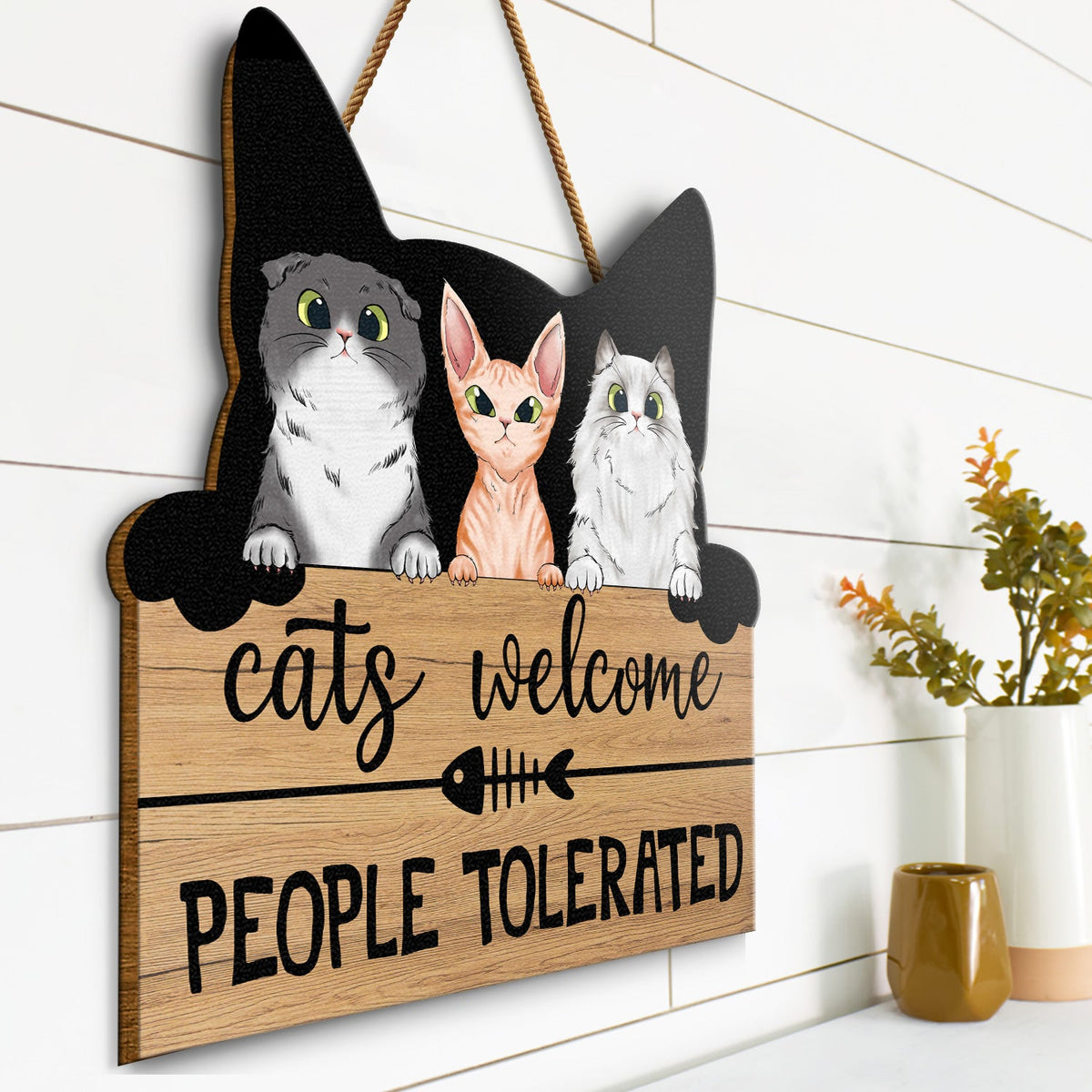 Cats Welcome People Tolerated - Home Decor, Housewarming Gift For Cat Lovers - Personalized Custom Shaped Wood Sign