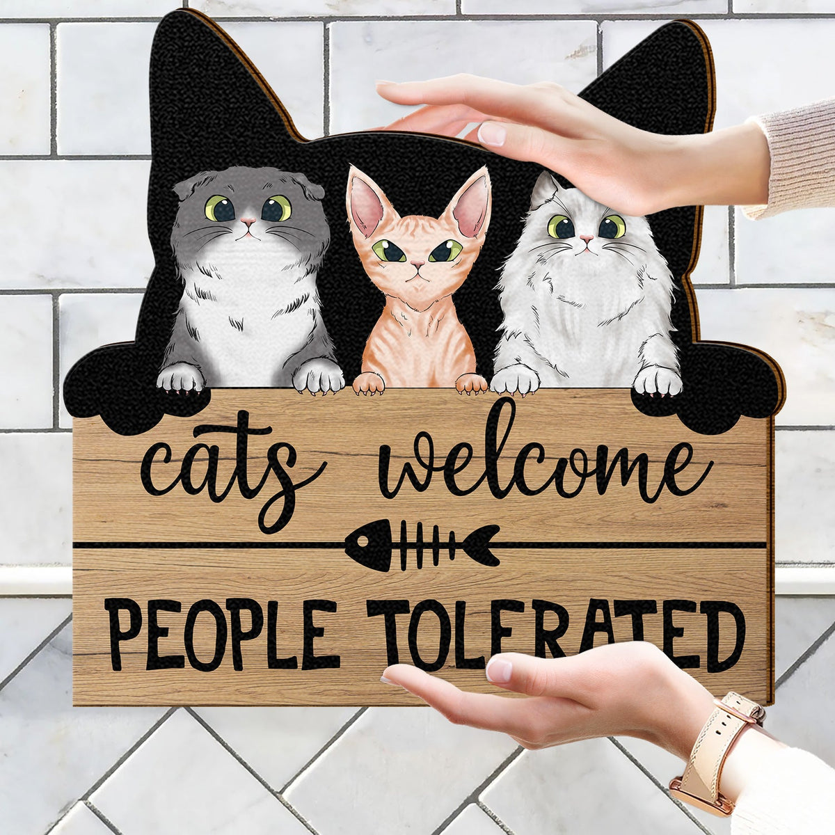 Cats Welcome People Tolerated - Home Decor, Housewarming Gift For Cat Lovers - Personalized Custom Shaped Wood Sign