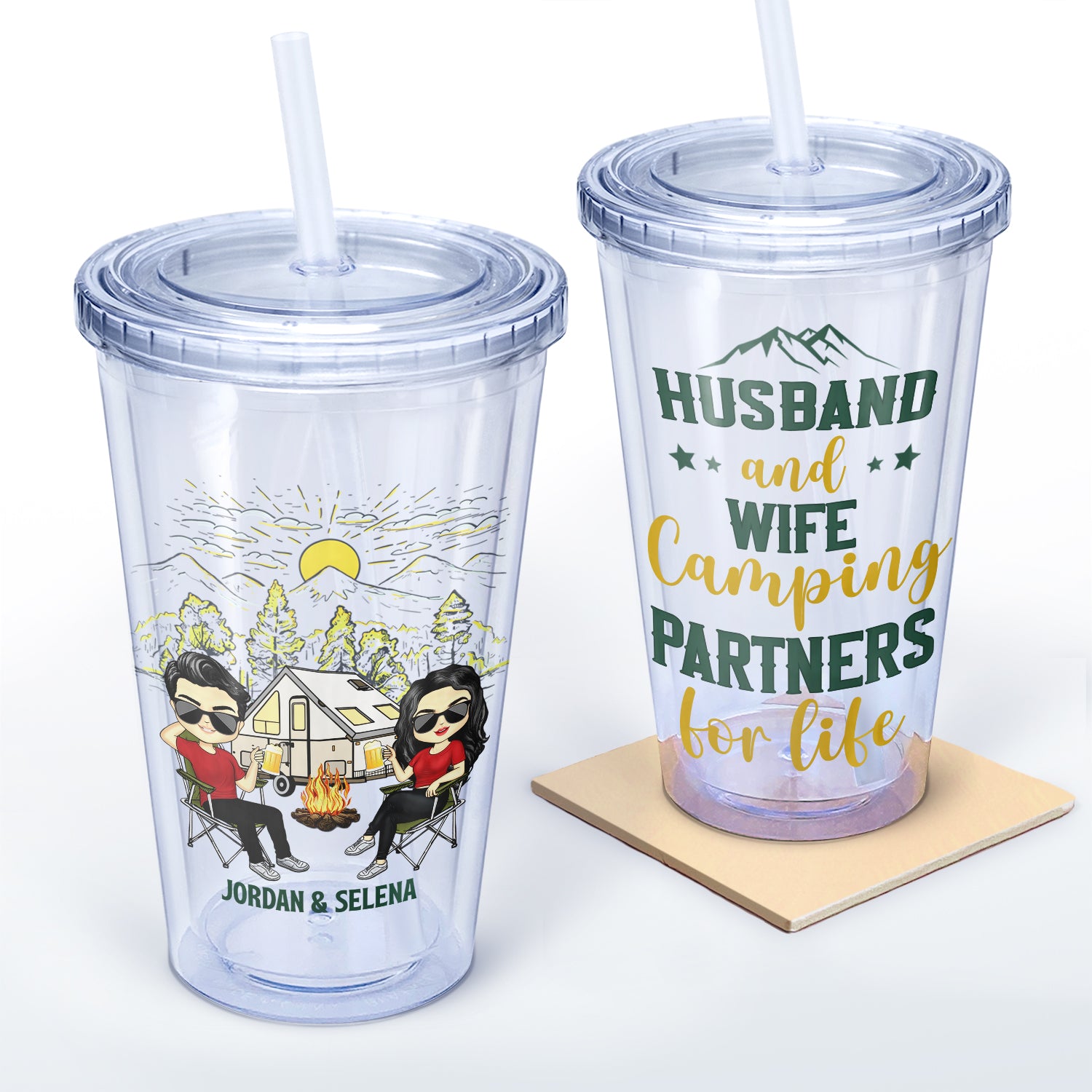 Husband And Wife Camping Partners For Life - Gift For Couples, Husband, Wife, Campers - Personalized Acrylic Insulated Tumbler With Straw