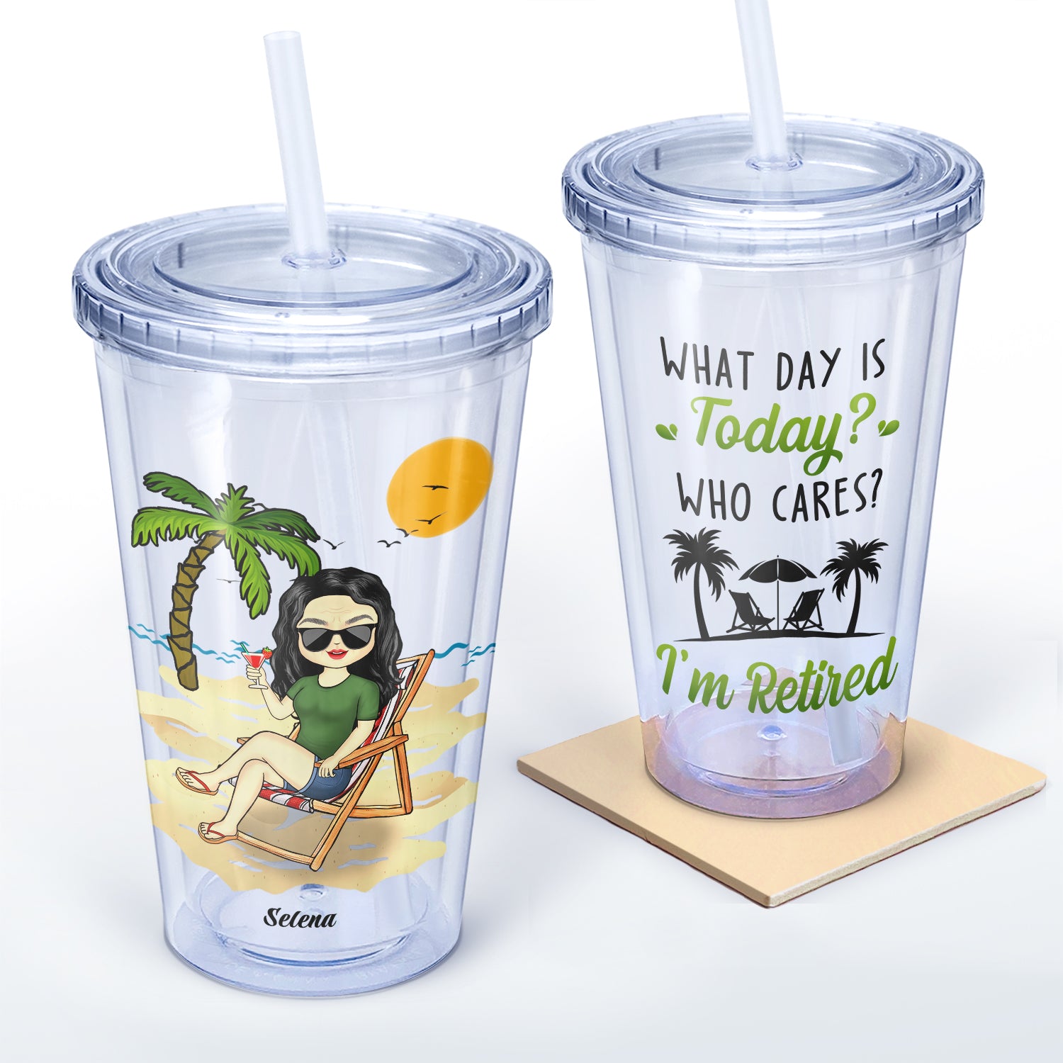 What Day Is Today Who Cares I'm Retired Summer Beach - Birthday, Retirement Gift For Yourself, Dad, Mom, Grandpa, Grandma, BFF Best Friends, Colleagues - Personalized Acrylic Insulated Tumbler With Straw