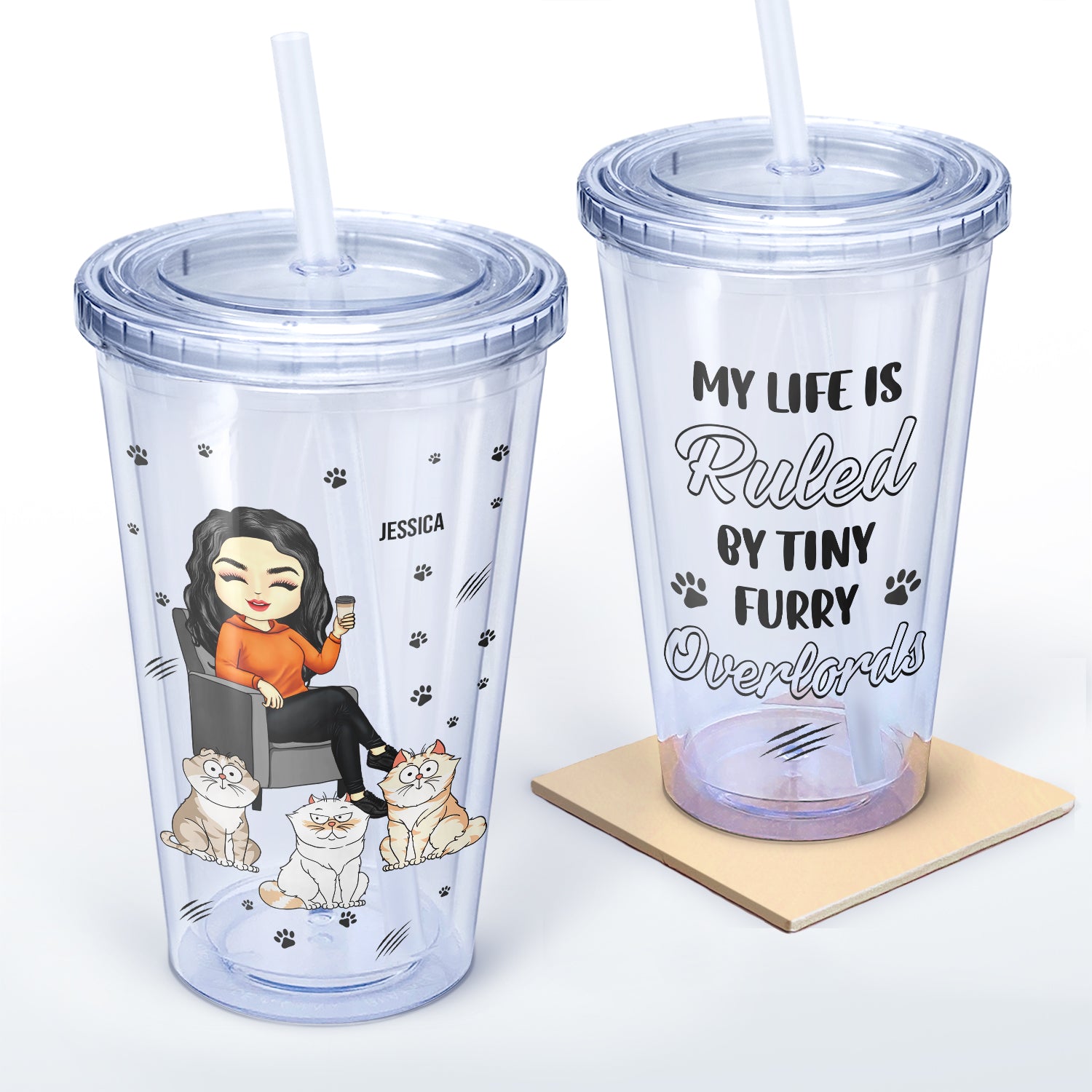 My Life Is Ruled By Tiny Furry Overlords Cats - Gift For Cat Moms, Cat Lovers - Personalized Acrylic Insulated Tumbler With Straw