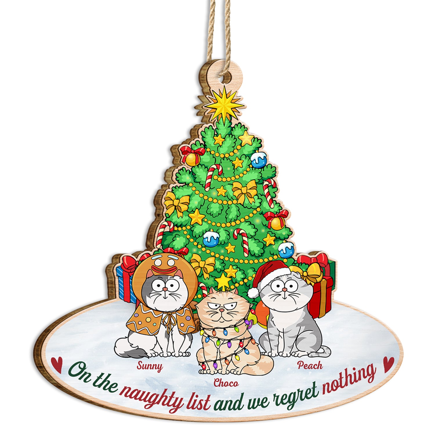 On The Naughty List & We Regret Nothing Funny Cartoon Cats - Christmas Gift For Cat Lovers - Personalized Custom Shaped Wooden Ornament