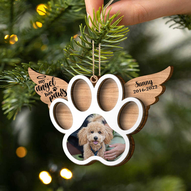Custom Photo My Angel Has Paws Dog Cat - Pet Memorial Gift, Christmas Gift - Personalized Custom 2-Layered Wooden Ornament