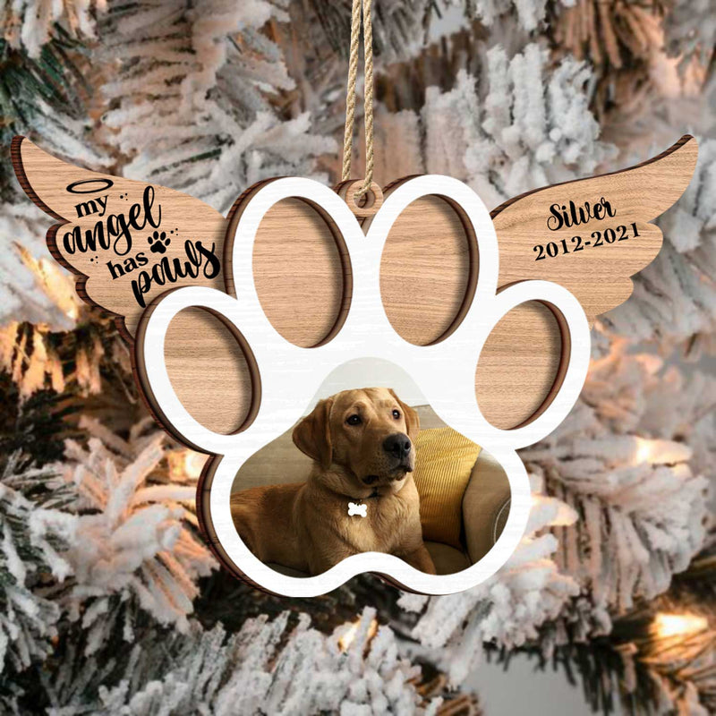 Custom Photo My Angel Has Paws Dog Cat - Pet Memorial Gift, Christmas Gift - Personalized Custom 2-Layered Wooden Ornament