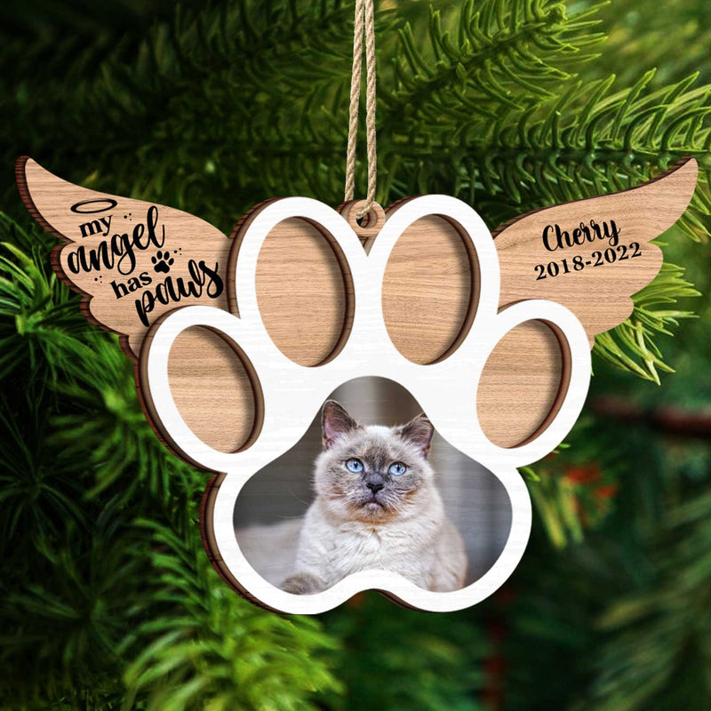 Custom Photo My Angel Has Paws Dog Cat - Pet Memorial Gift, Christmas Gift - Personalized Custom 2-Layered Wooden Ornament