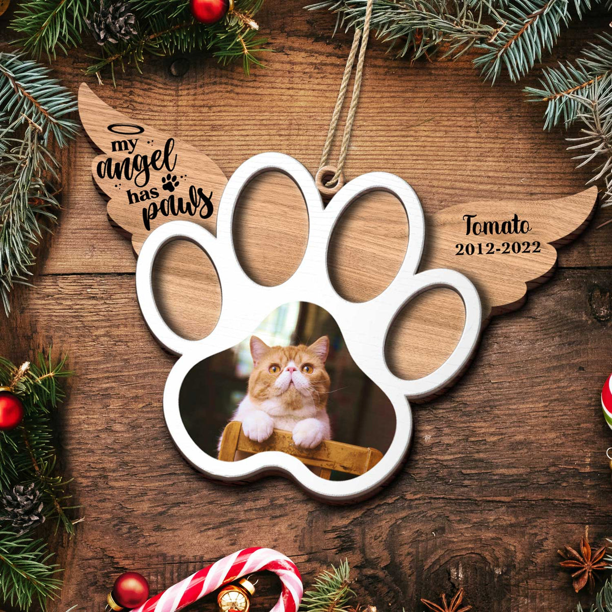 Custom Photo My Angel Has Paws Dog Cat - Pet Memorial Gift, Christmas Gift - Personalized Custom 2-Layered Wooden Ornament