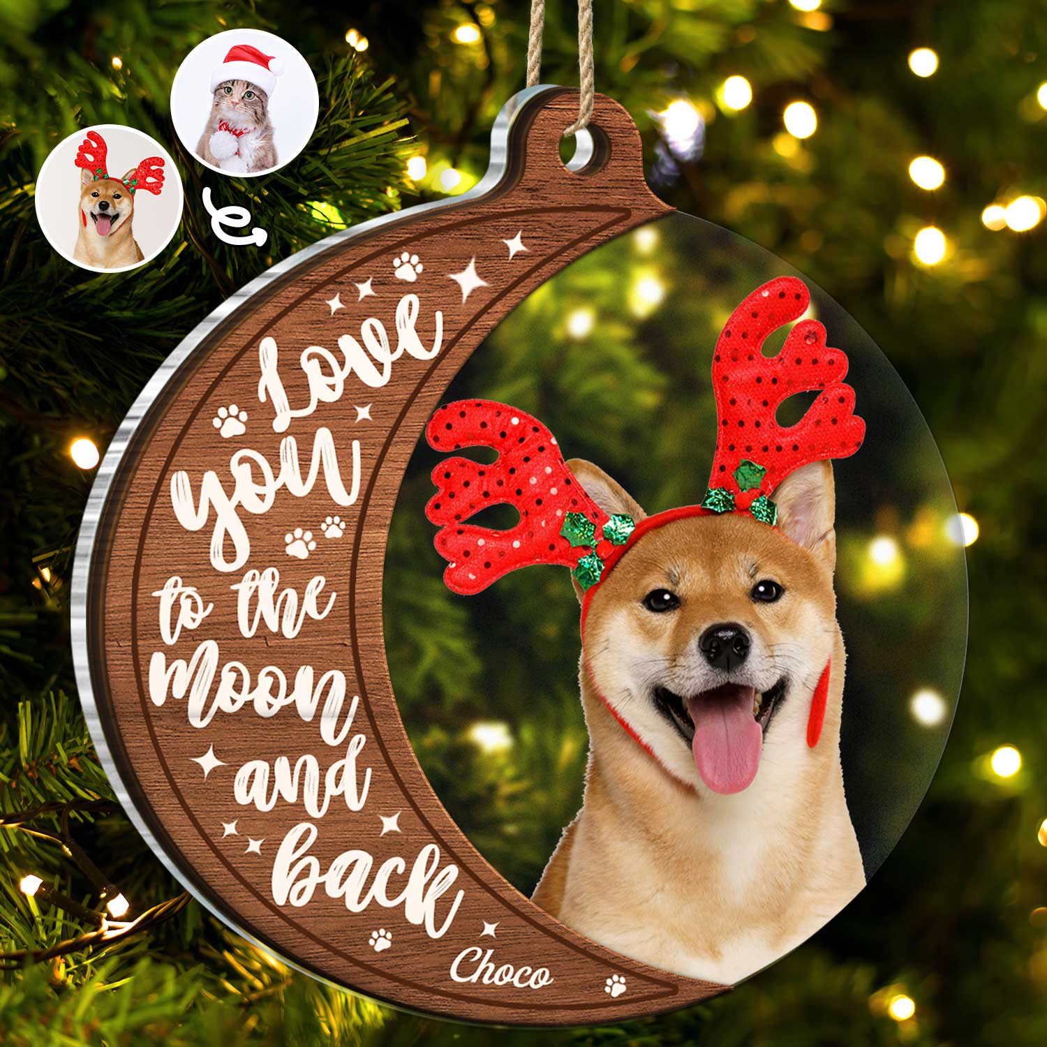 Custom Photo Dog Cat Love You To The Moon And Back - Christmas Gift For Pet Lovers - Personalized 2-Layered Mix Ornament