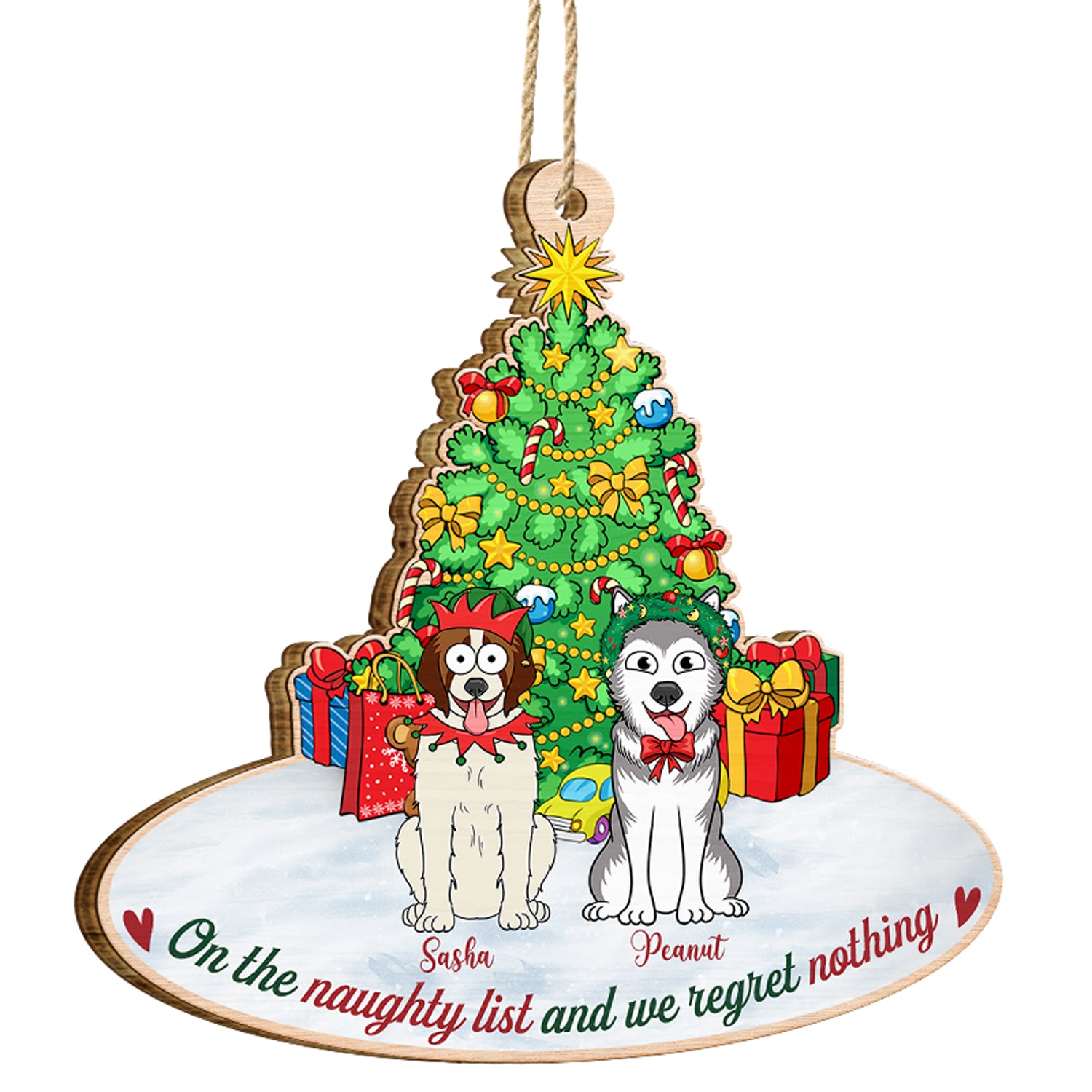 On The Naughty List & We Regret Nothing Funny Cartoon Dogs - Christmas Gift For Dog Lovers - Personalized Custom Shaped Wooden Ornament