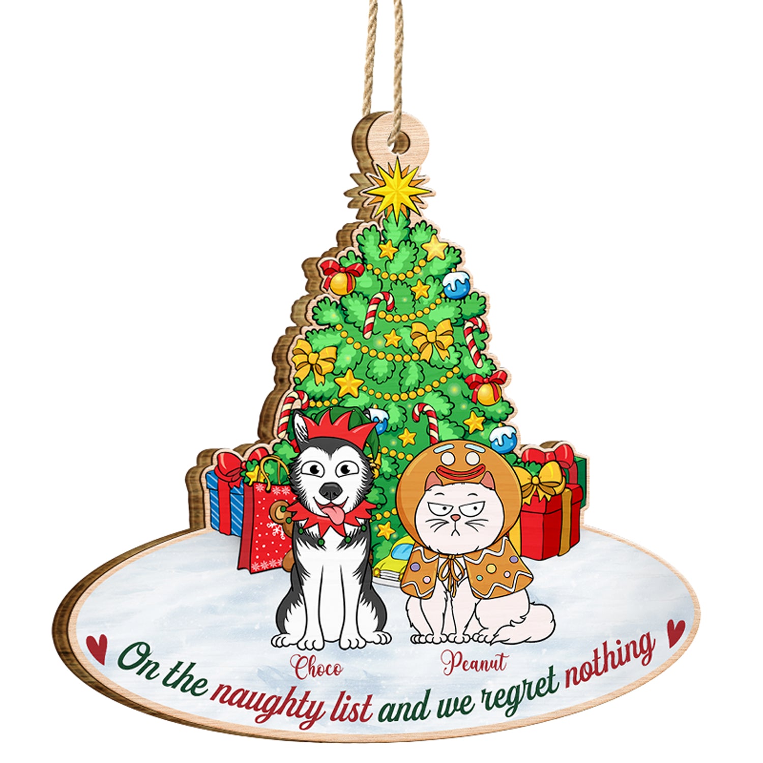 On The Naughty List & We Regret Nothing Funny Cartoon Dogs Cats - Christmas Gift For Pet Lovers - Personalized Custom Shaped Wooden Ornament