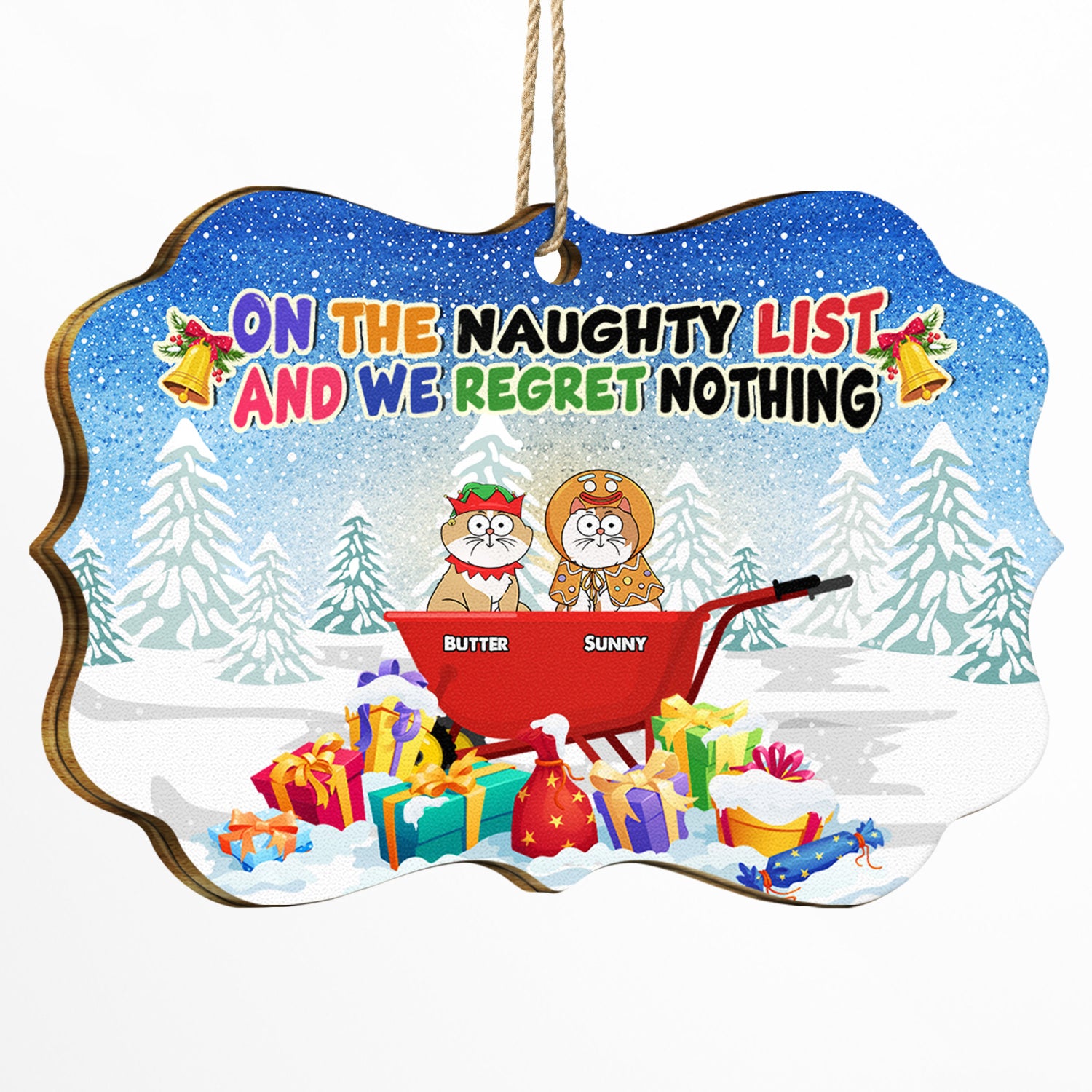On The Naughty List And We Regret Nothing Funny Cartoon Cats - Christmas Gift For Cat Lovers - Personalized Medallion Wooden Ornament