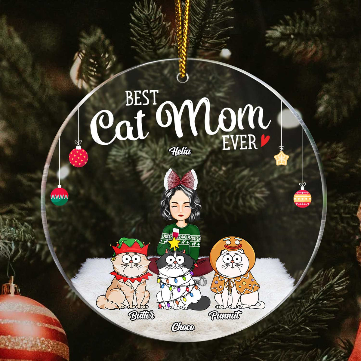 Meilleure maman chat de tous les temps - Chats de dessins animés amusants - Cadeau de Noël pour les amoureux des chats - Ornement acrylique rond personnalisé