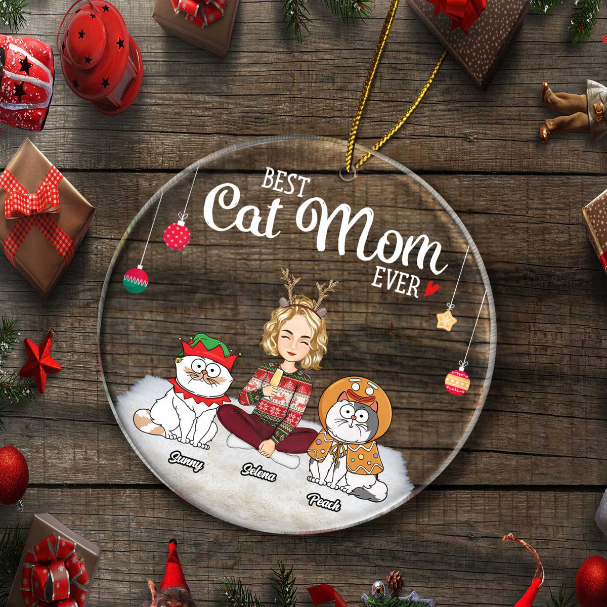Meilleure maman chat de tous les temps - Chats de dessins animés amusants - Cadeau de Noël pour les amoureux des chats - Ornement acrylique rond personnalisé