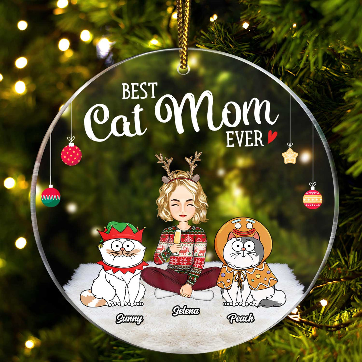 Meilleure maman chat de tous les temps - Chats de dessins animés amusants - Cadeau de Noël pour les amoureux des chats - Ornement acrylique rond personnalisé