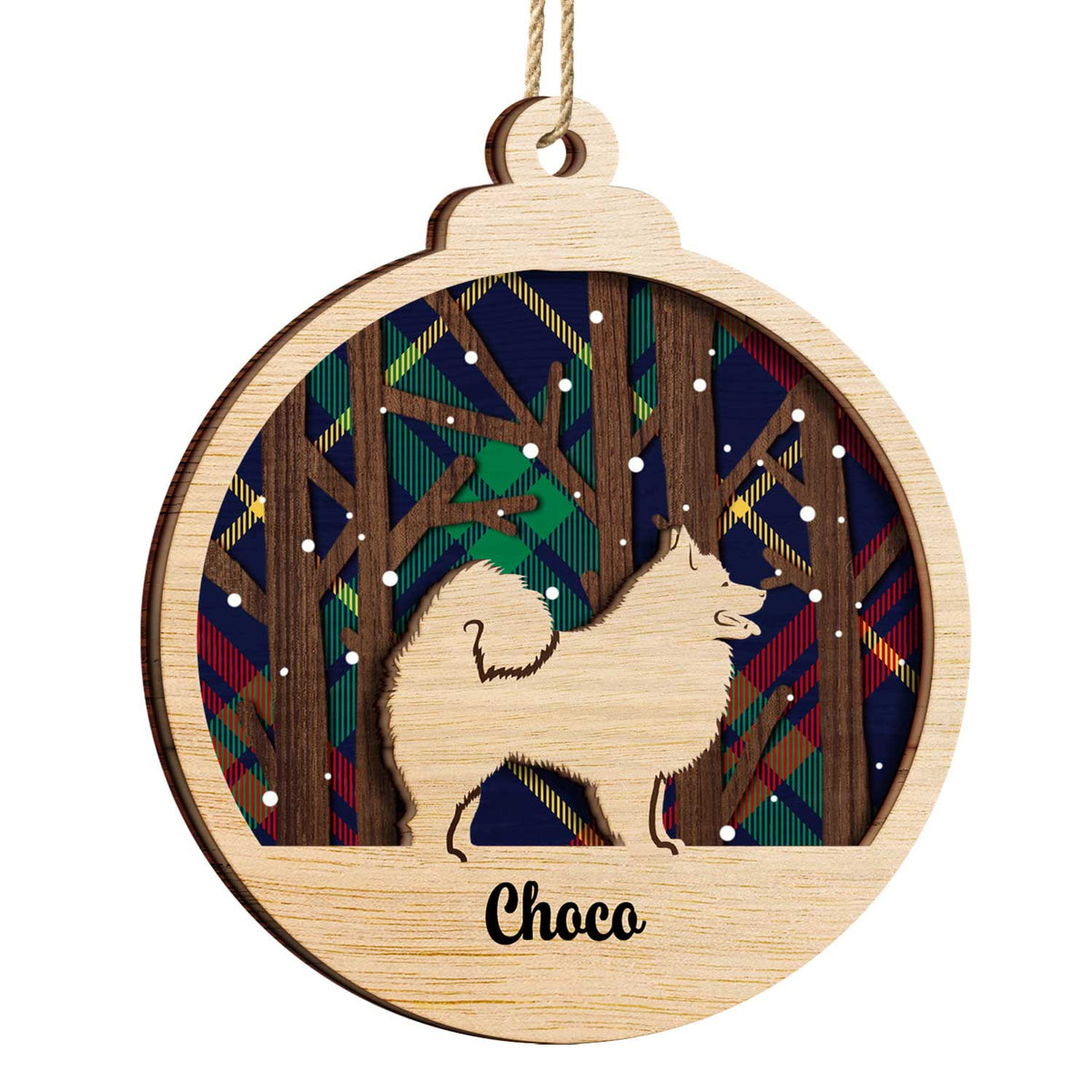 Chien en bois à carreaux, scène de neige - Cadeau de Noël pour les amoureux des chiens - Décoration en bois personnalisée à 2 couches