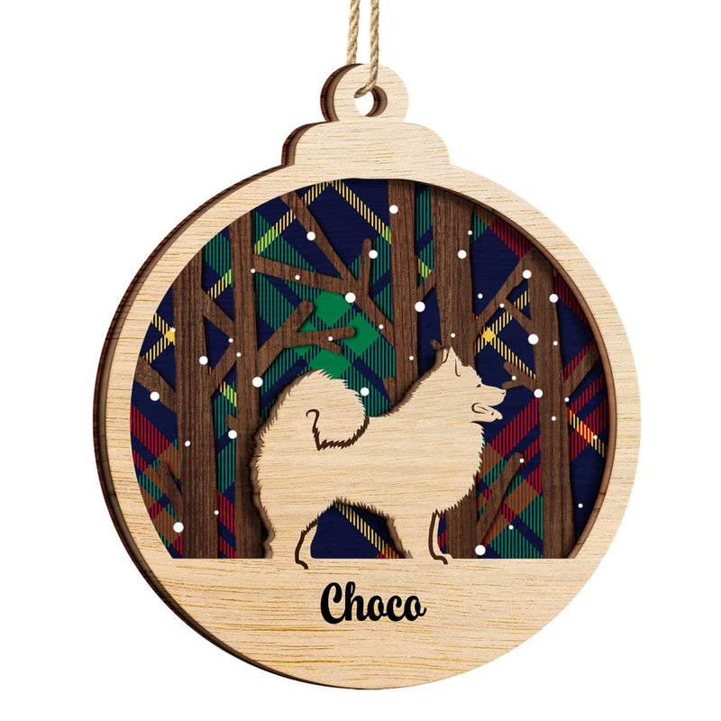 Chien en bois à carreaux, scène de neige - Cadeau de Noël pour les amoureux des chiens - Décoration en bois personnalisée à 2 couches