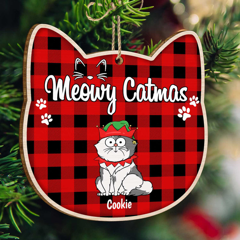 Meowy Catmas - Christmas Gift For Cat Lovers - Personalized Custom Shaped Wooden Ornament