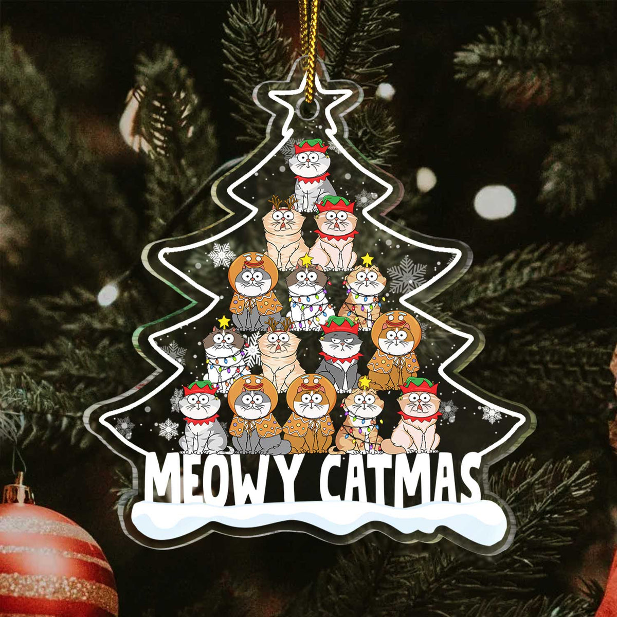 Meowy Catmas Cartoon Style - Christmas Gift For Cat Lovers - Personalized Custom Shaped Acrylic Ornament