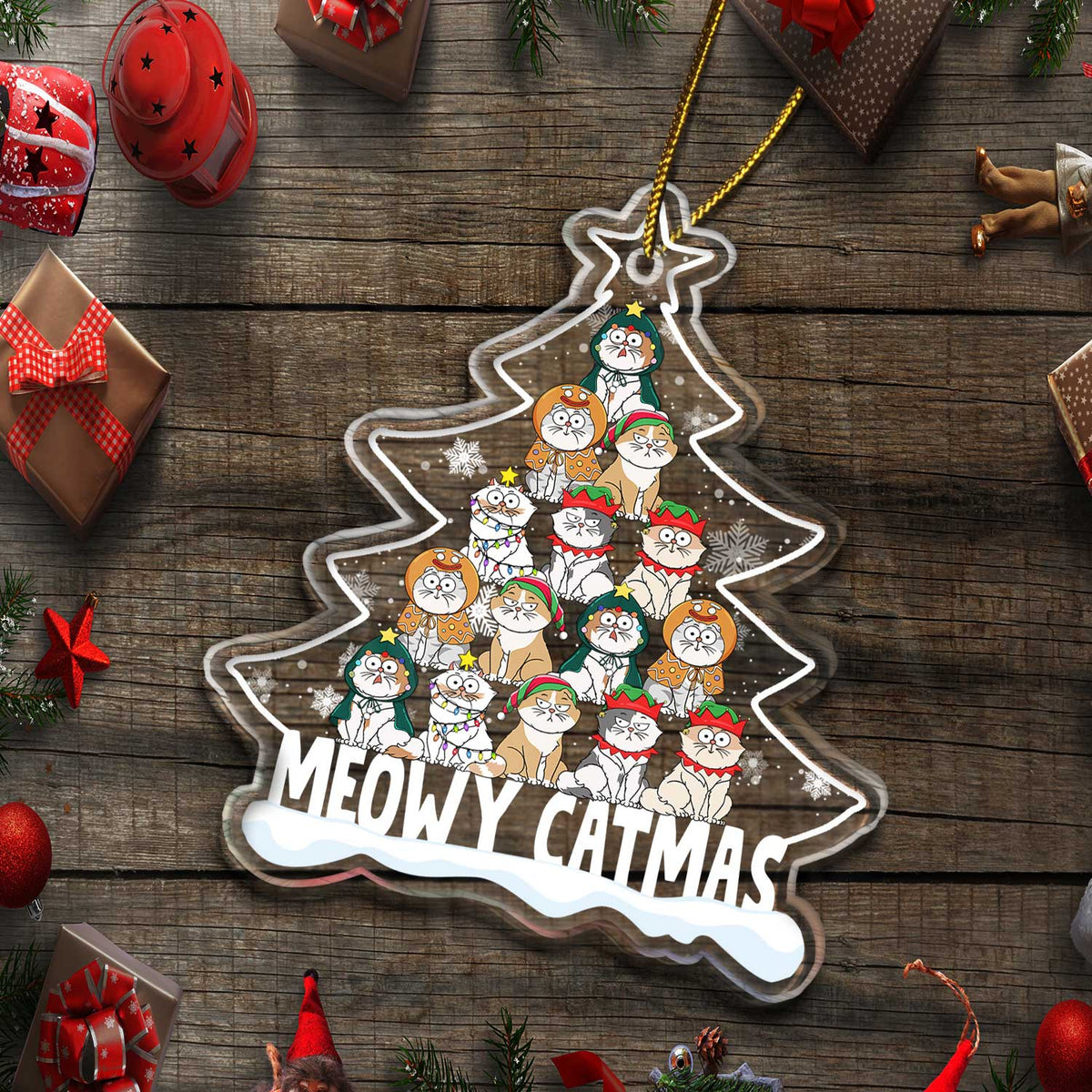 Meowy Catmas Cartoon Style - Christmas Gift For Cat Lovers - Personalized Custom Shaped Acrylic Ornament