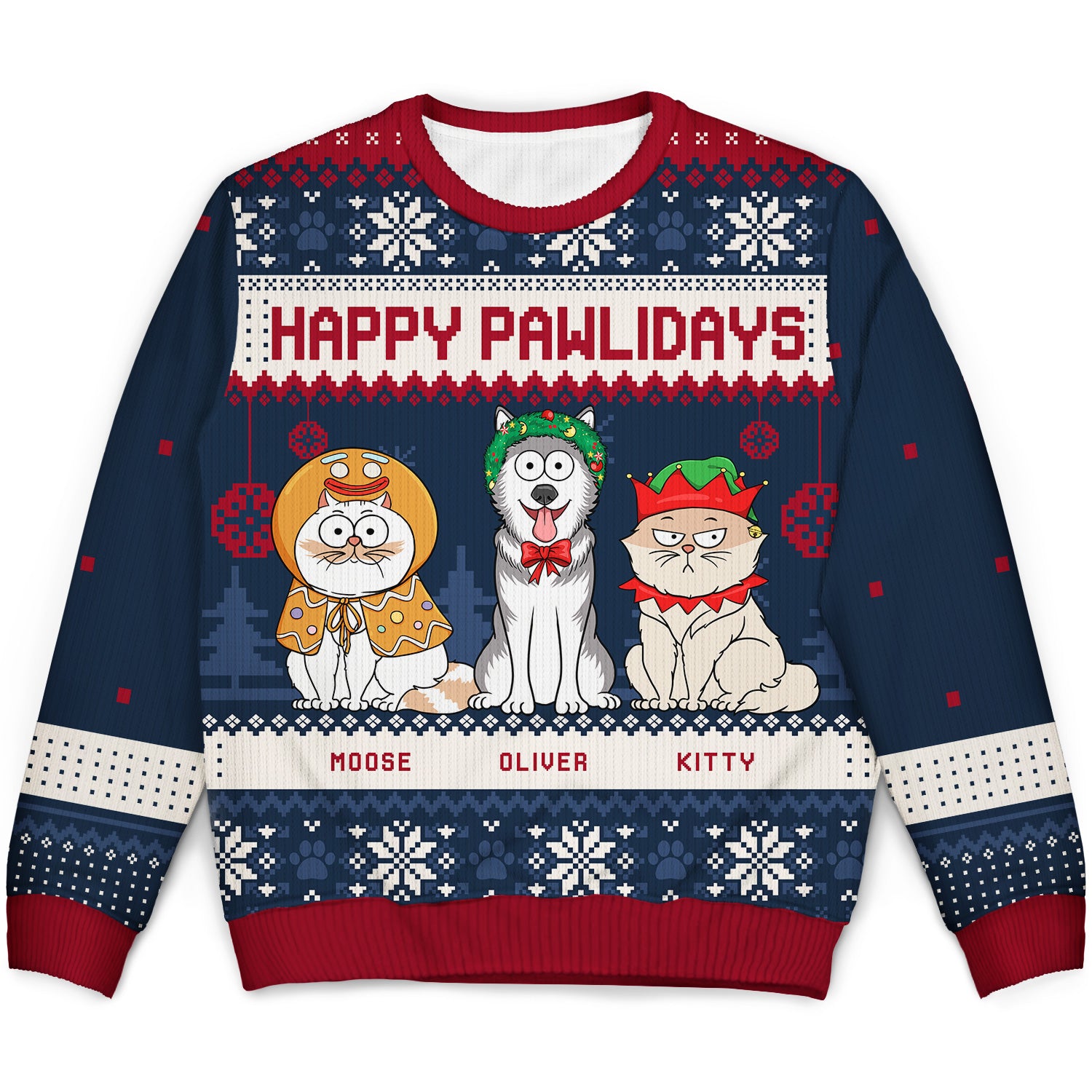 Happy Pawlidays Funny Cartoon Cats Dogs - Christmas Gift For Pet Lovers, Dog Lovers, Cat Lovers - Personalized Unisex Ugly Sweater