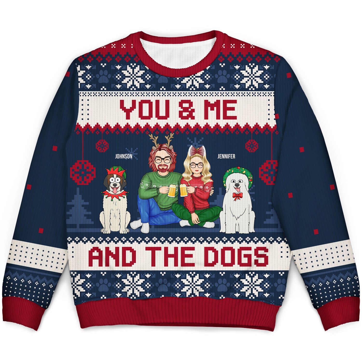 Couple You & Me And The Dogs Cartoon Style - Anniversary, Christmas Gift For Dog Lovers, Couples - Personalized Unisex Ugly Sweater