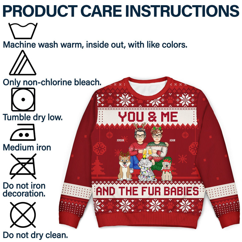 Couple You & Me And The Fur Babies Cartoon Style - Christmas Gift For Pet Lovers, Dog Lovers, Cat Lovers - Personalized Unisex Ugly Sweater