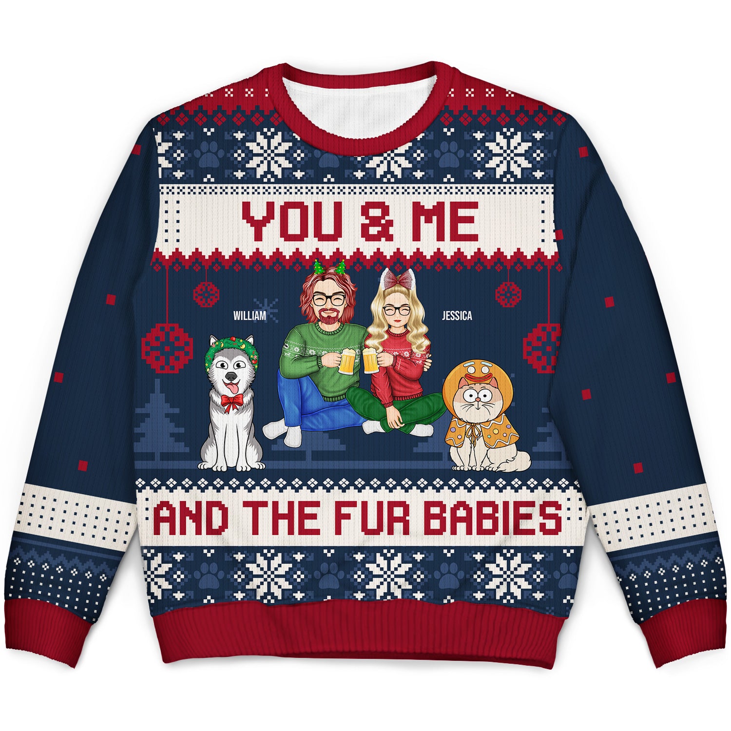 Couple You & Me And The Fur Babies Cartoon Style - Christmas Gift For Pet Lovers, Dog Lovers, Cat Lovers - Personalized Unisex Ugly Sweater