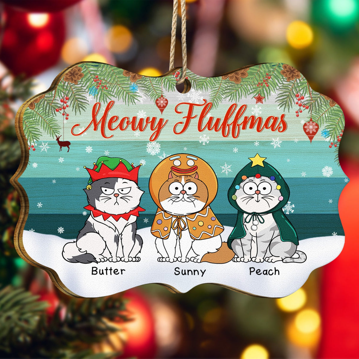 Chats de dessins animés rigolos Meowy Fluffmas - Cadeau de Noël pour les amoureux des chats - Décoration en bois médaillon personnalisée