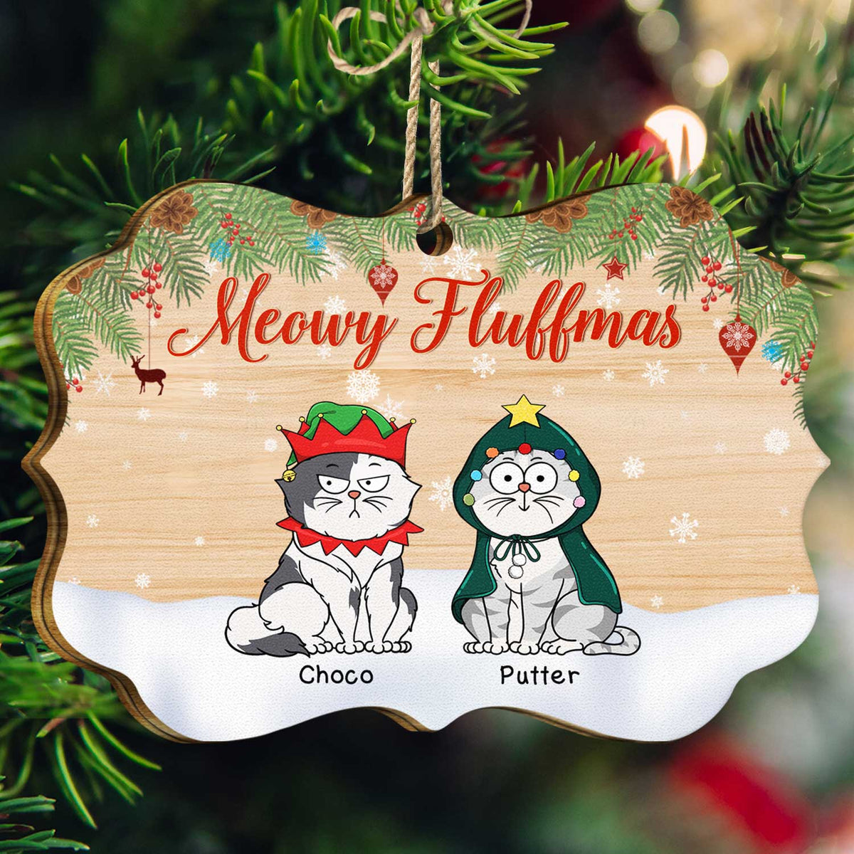 Chats de dessins animés rigolos Meowy Fluffmas - Cadeau de Noël pour les amoureux des chats - Décoration en bois médaillon personnalisée