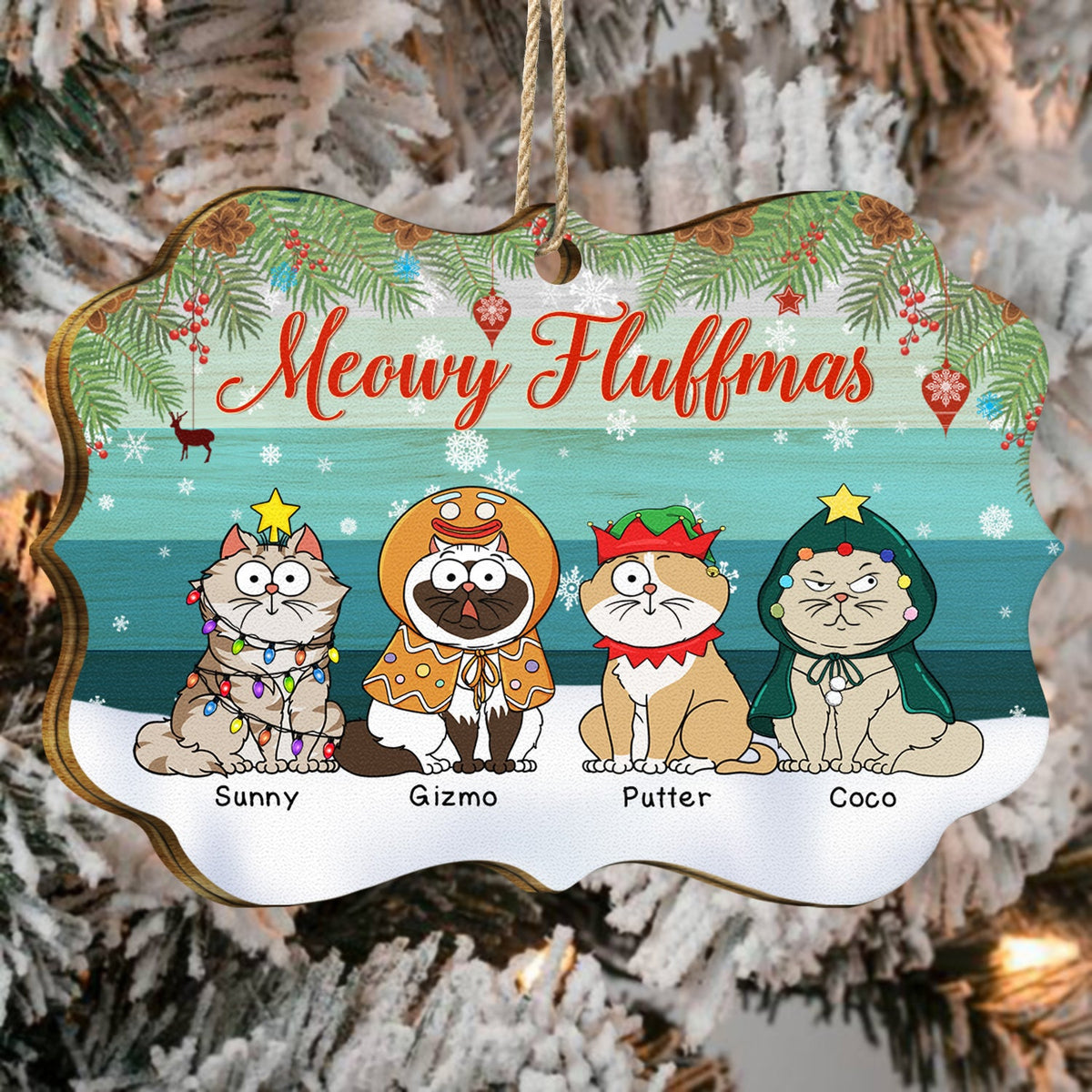 Chats de dessins animés rigolos Meowy Fluffmas - Cadeau de Noël pour les amoureux des chats - Décoration en bois médaillon personnalisée