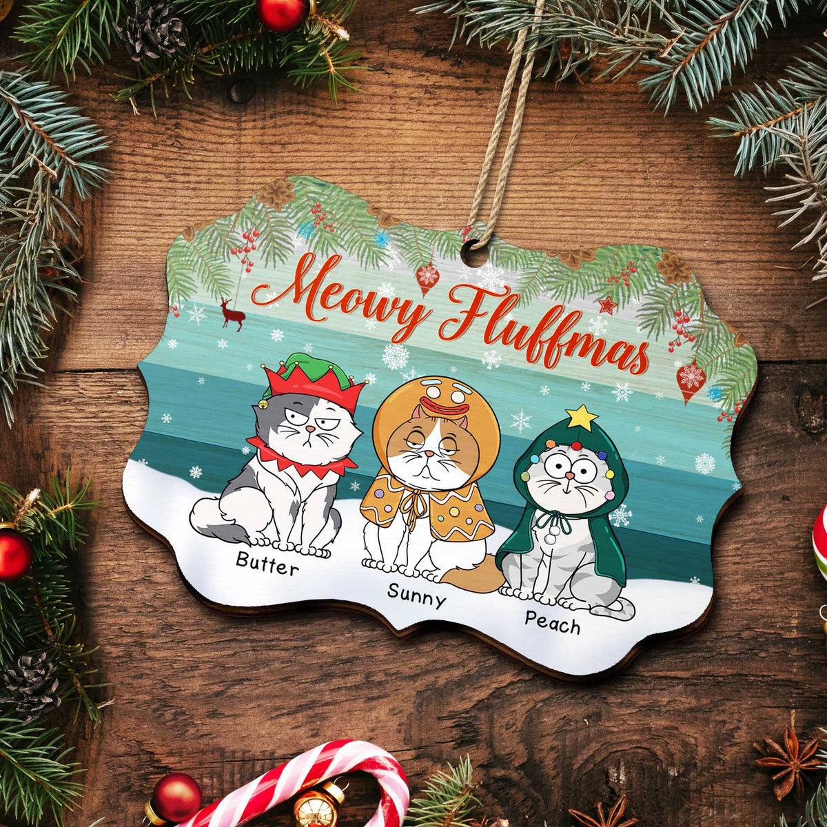 Chats de dessins animés rigolos Meowy Fluffmas - Cadeau de Noël pour les amoureux des chats - Décoration en bois médaillon personnalisée
