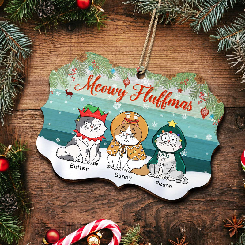 Chats de dessins animés rigolos Meowy Fluffmas - Cadeau de Noël pour les amoureux des chats - Décoration en bois médaillon personnalisée