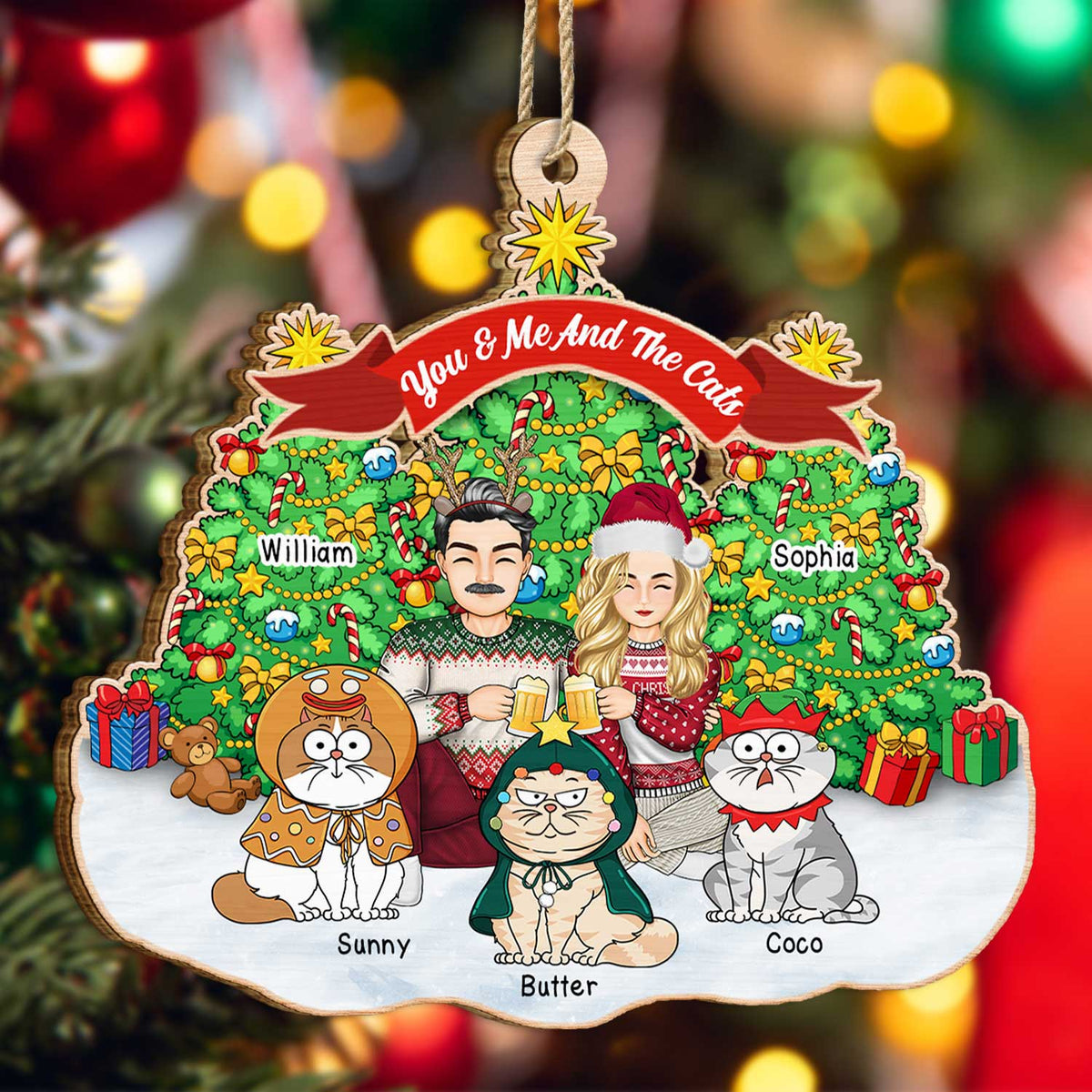 You & Me And The Cats Cartoon Style - Christmas Gift For Cat Lovers, Couples - Personalized Custom Shaped Wooden Ornament