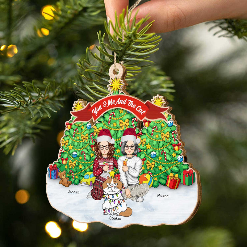 You & Me And The Cats Cartoon Style - Christmas Gift For Cat Lovers, Couples - Personalized Custom Shaped Wooden Ornament