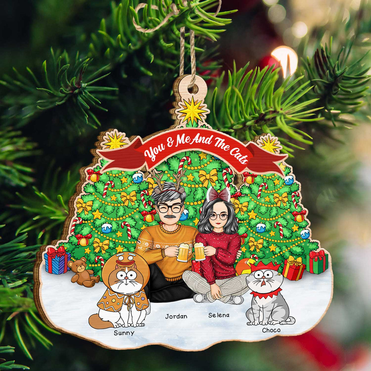 You & Me And The Cats Cartoon Style - Christmas Gift For Cat Lovers, Couples - Personalized Custom Shaped Wooden Ornament