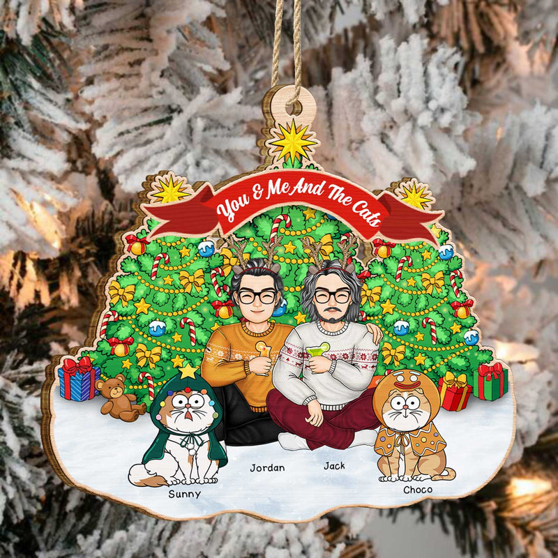 You & Me And The Cats Cartoon Style - Christmas Gift For Cat Lovers, Couples - Personalized Custom Shaped Wooden Ornament