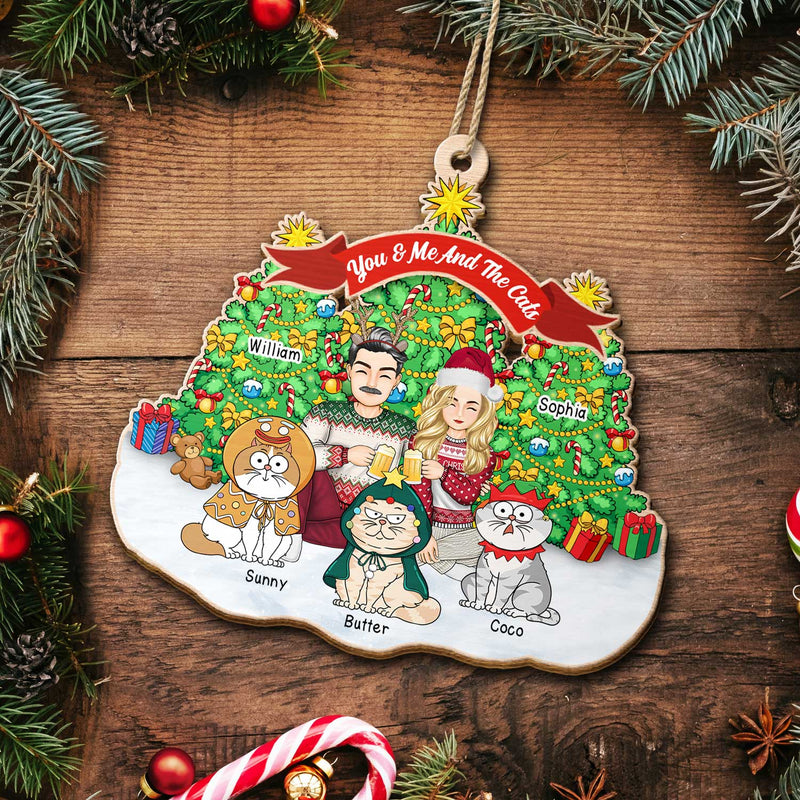You & Me And The Cats Cartoon Style - Christmas Gift For Cat Lovers, Couples - Personalized Custom Shaped Wooden Ornament