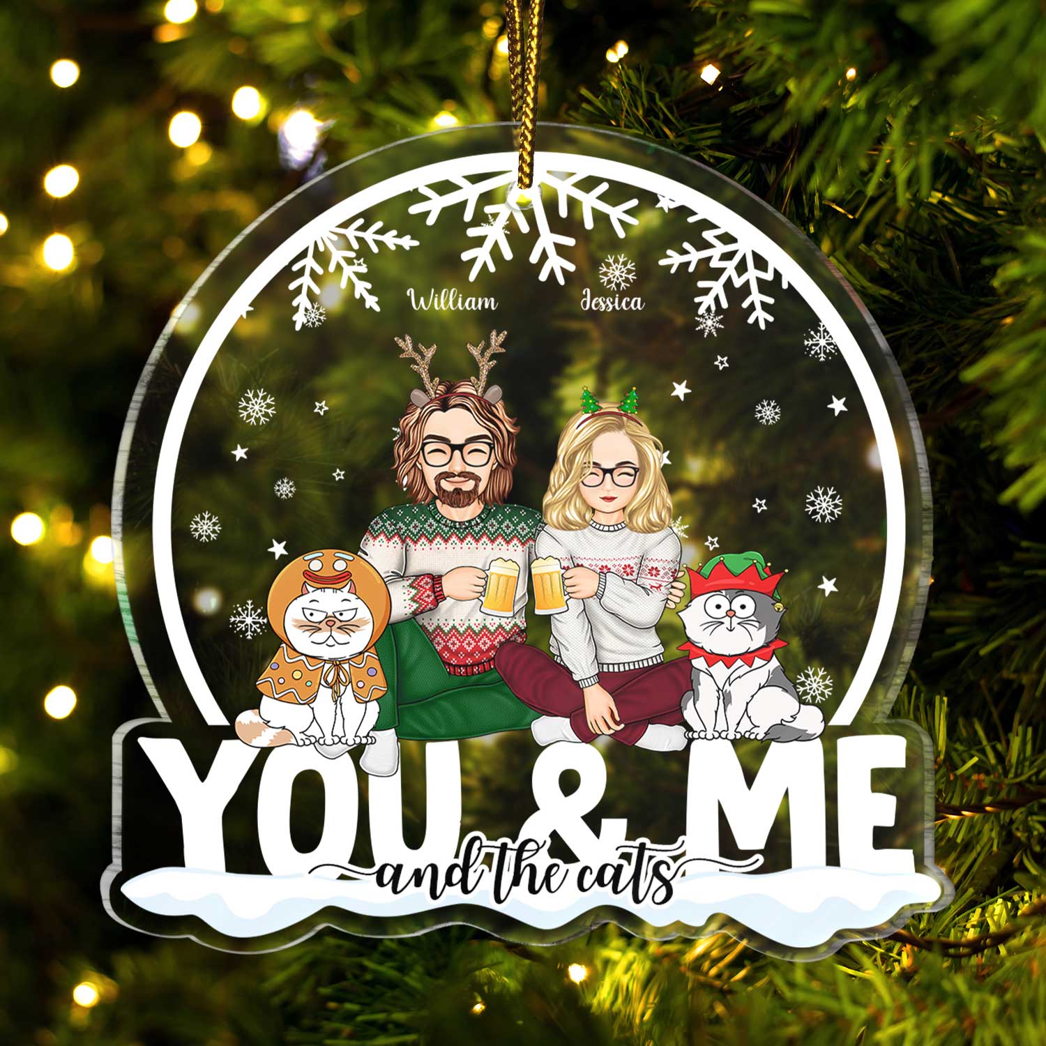 You & Me And The Cats Snow Globe - Christmas Gift For Cat Lovers, Couples - Personalized Custom Shaped Acrylic Ornament