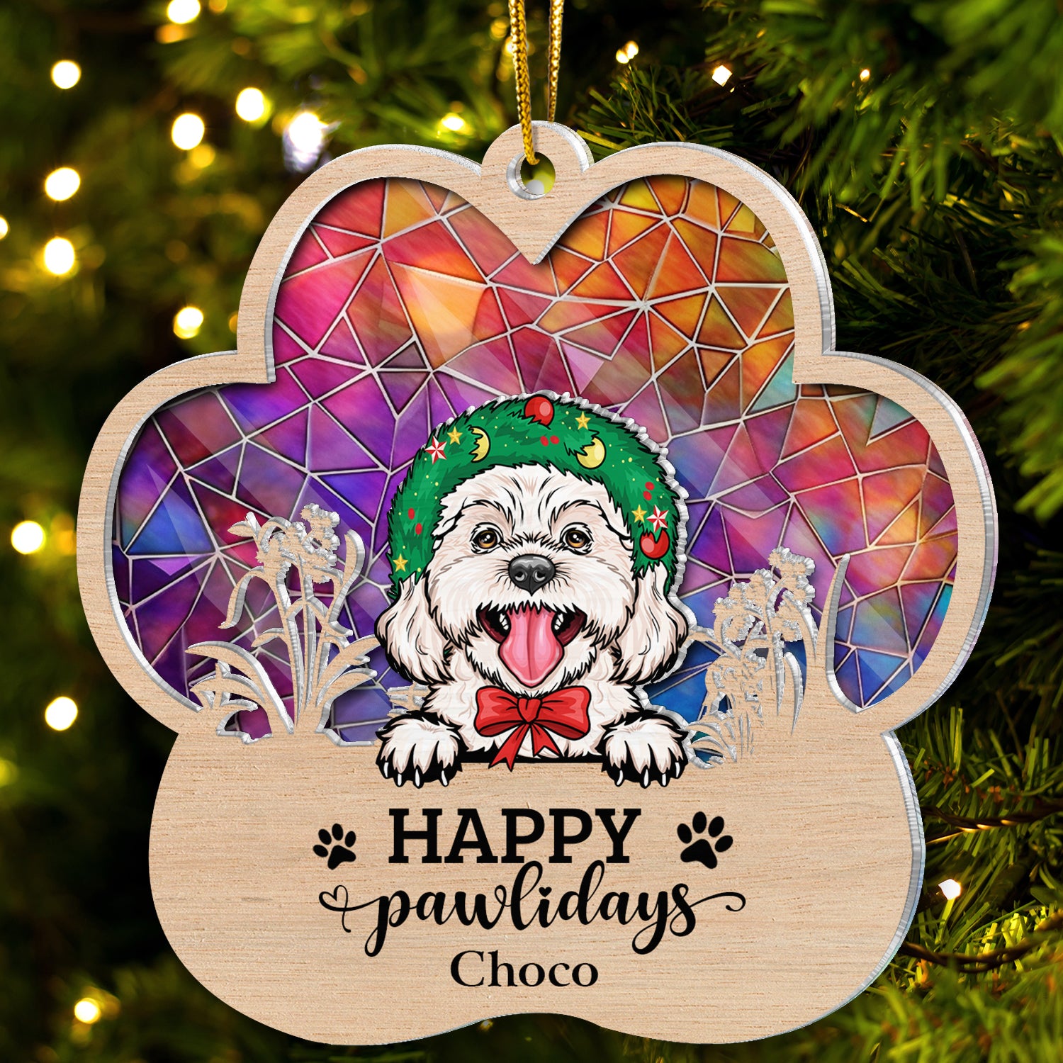 Happy Pawlidays Dog Cat - Christmas Gift For Pet Lovers - Personalized Suncatcher Ornament