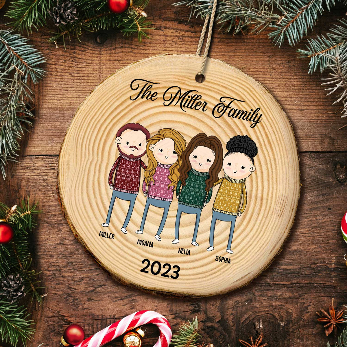 Dessin animé simple pour toute la famille, papa, maman et enfant – Cadeau de Noël pour la famille – Ornement en bois personnalisé