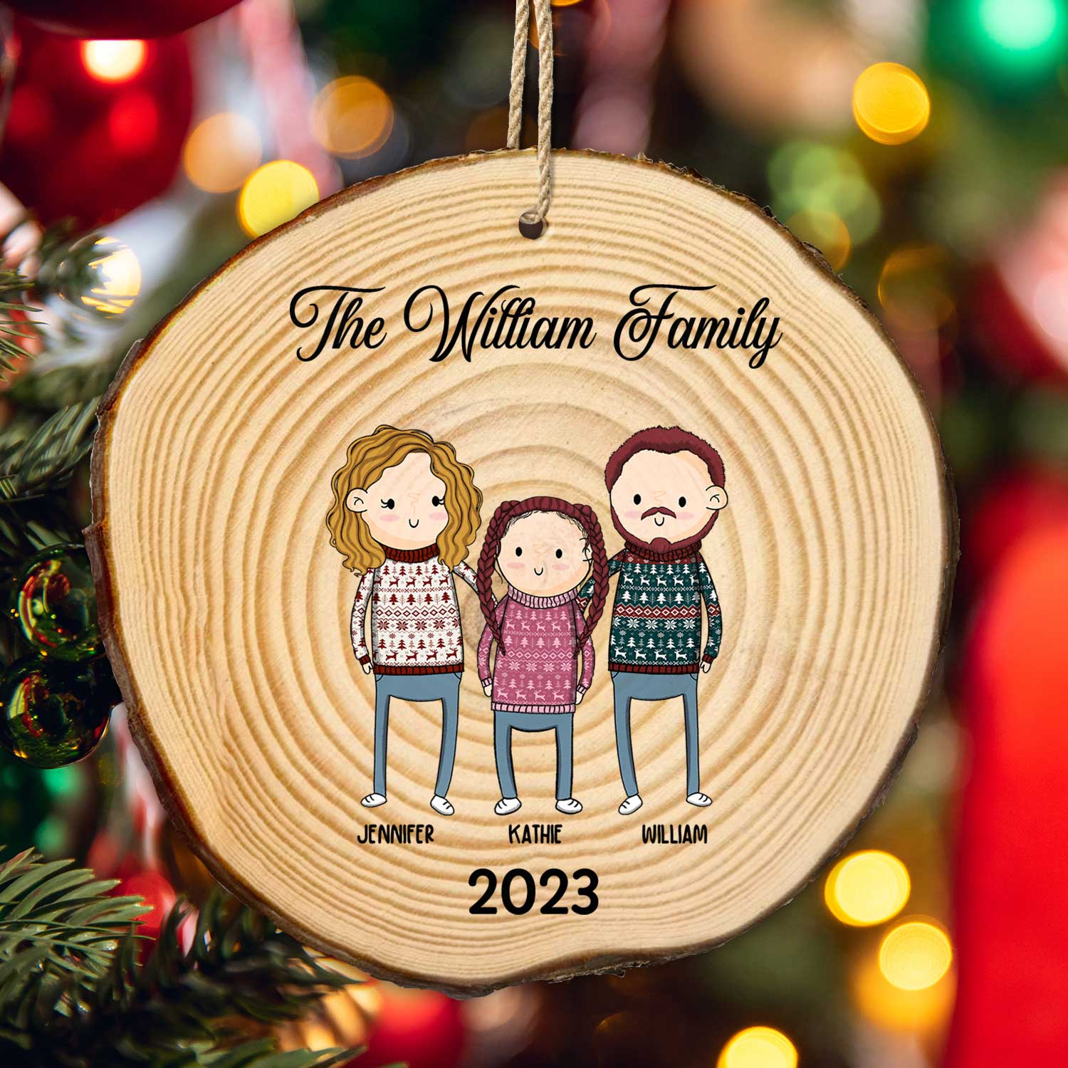 Simple Cartoon Whole Family Dad Mom Kid - Christmas Gift For Family - Personalized Wood Slice Ornament