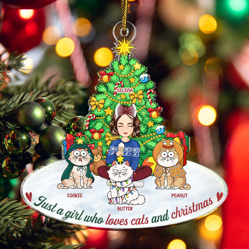 Just A Girl Who Loves Cats And Christmas - Gift For Cat Lovers, Cat Moms - Personalized Cutout Acrylic Ornament