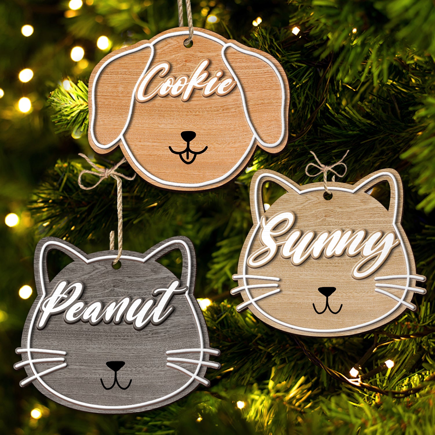 Dog Cat Face Custom Name - Christmas Gift For Pet Lovers - Personalized 2-Layered Wooden Ornament