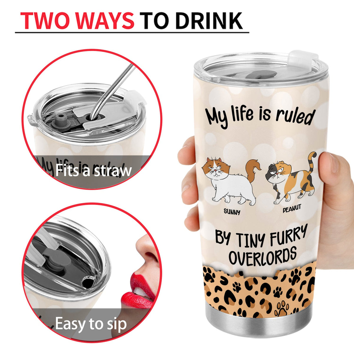 Ma vie est gouvernée par de minuscules seigneurs à fourrure, motif léopard - Cadeau pour les amoureux des chats - Gobelet personnalisé