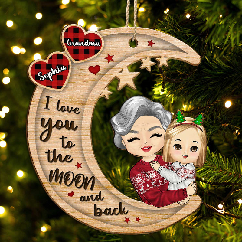 Grandparents Hug Grandkids Sitting On Moon - Christmas Gift For Granddaughter, Grandson - Personalized Wooden Cutout Ornament