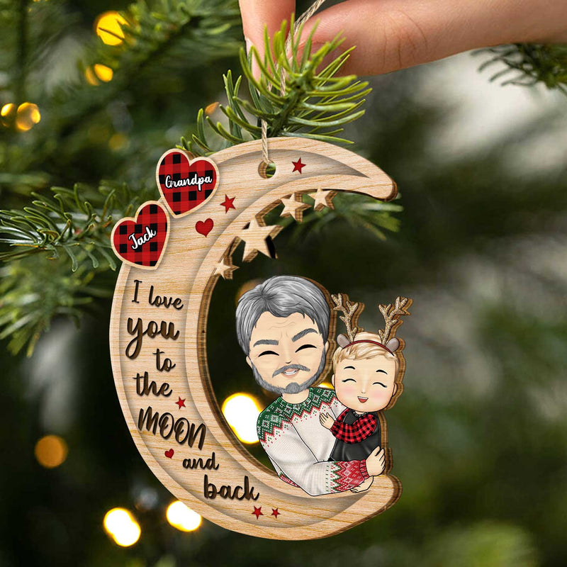 Grandparents Hug Grandkids Sitting On Moon - Christmas Gift For Granddaughter, Grandson - Personalized Wooden Cutout Ornament