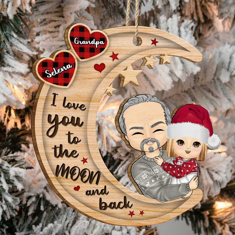 Grandparents Hug Grandkids Sitting On Moon - Christmas Gift For Granddaughter, Grandson - Personalized Wooden Cutout Ornament