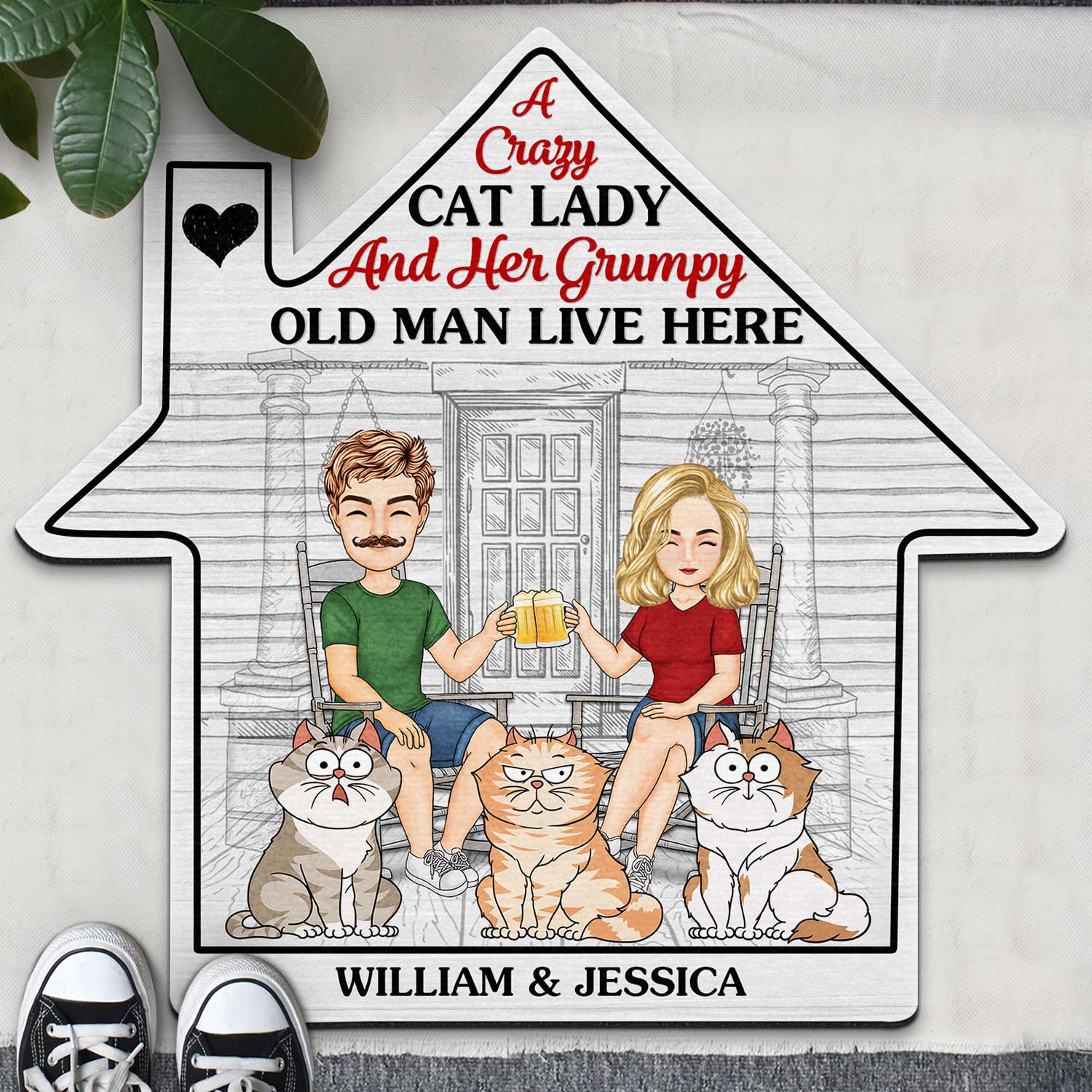 A Crazy Cat Lady And A Grumpy Old Man Live Here Funny Cartoon Cat - Gift For Cat Lovers, Couples - Personalized Custom Shaped Doormat